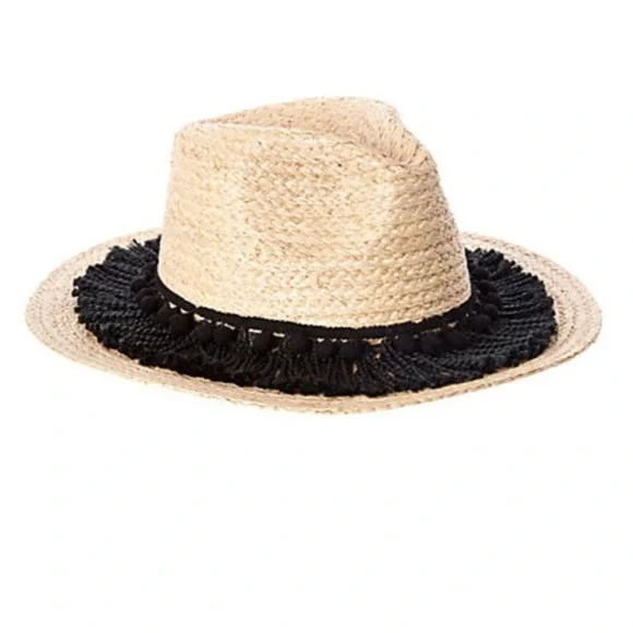 MARCUS ADLER | Panama Hat | Fringe & Poms! Marcus Adler Raffia Straw Panama Hat Black Fringe Band One  main image 4